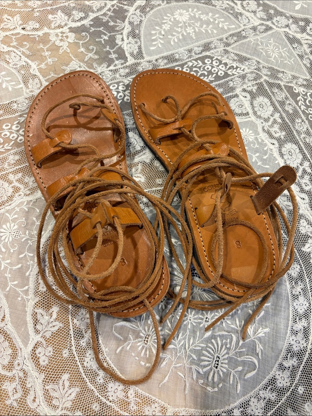 Leather Lace-Up Gladiator Sandals - Tan